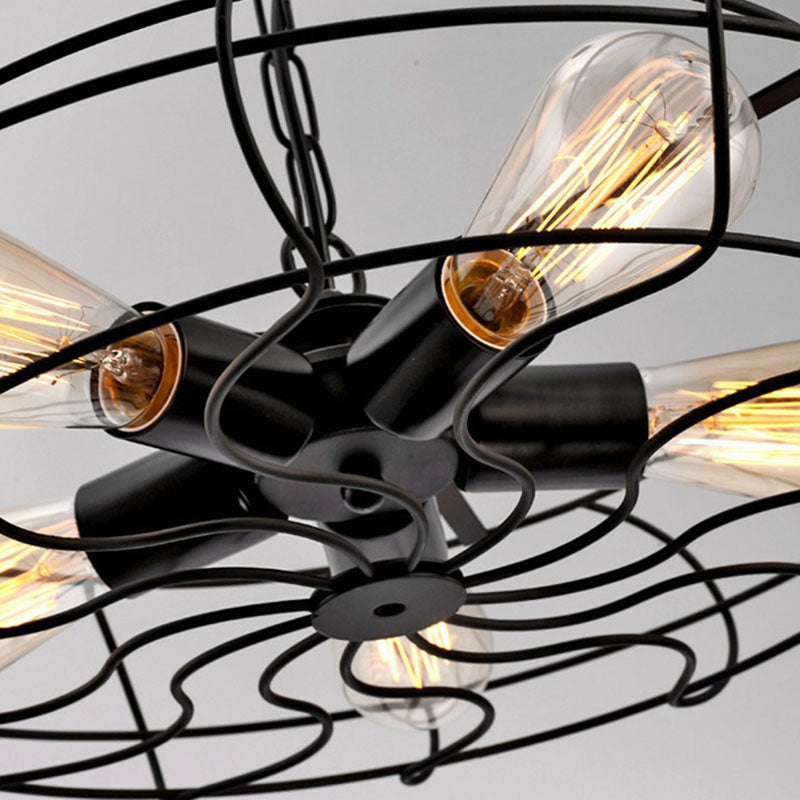 Retro Style Fan Cage Chandelier Pendant Light 5 Heads Iron Hanging Light in Black