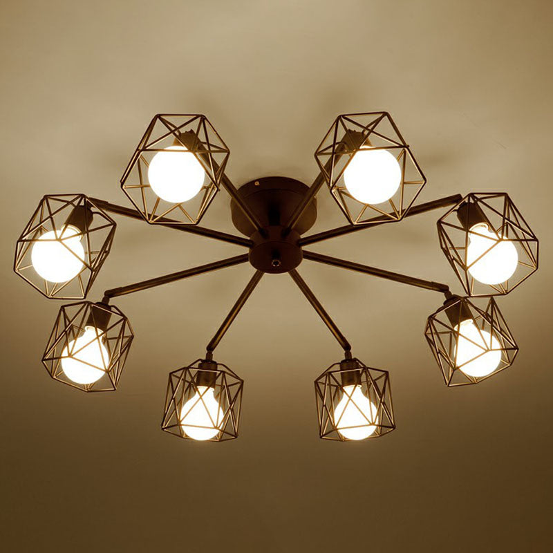 8 Bulbs Chandelier Lighting Retro Style Radial Iron Pendant Light in Black for Barbershop