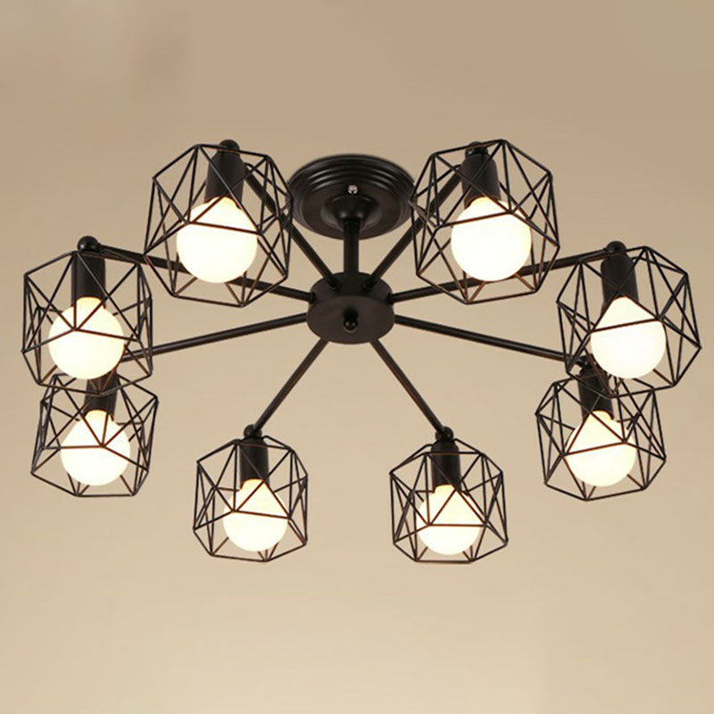 8 Bulbs Chandelier Lighting Retro Style Radial Iron Pendant Light in Black for Barbershop