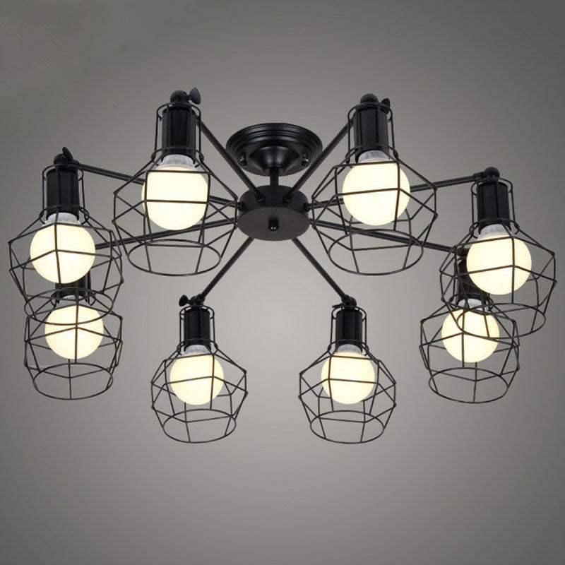 8 Bulbs Chandelier Lighting Retro Style Radial Iron Pendant Light in Black for Barbershop