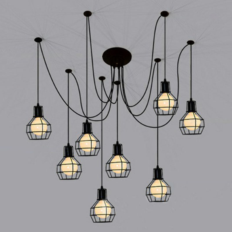 Spider Iron Multi Light Pendant Industrial 8 Bulbs Restaurant Hanging Lighting with Grenade Cage in Black