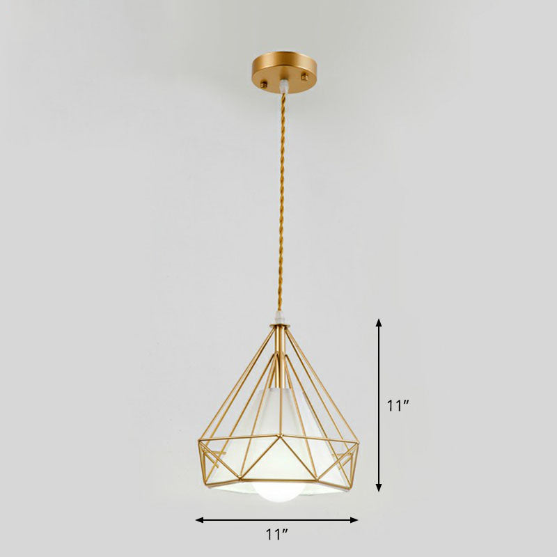 1-Light Pendant Light Antique Diamond Cage Iron Hanging Light Fixture for Dining Room