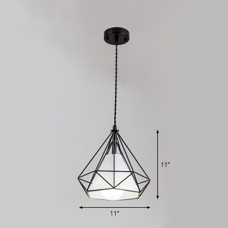 1-Light Pendant Light Antique Diamond Cage Iron Hanging Light Fixture for Dining Room