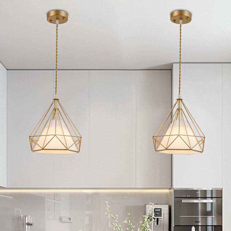 1-Light Pendant Light Antique Diamond Cage Iron Hanging Light Fixture for Dining Room