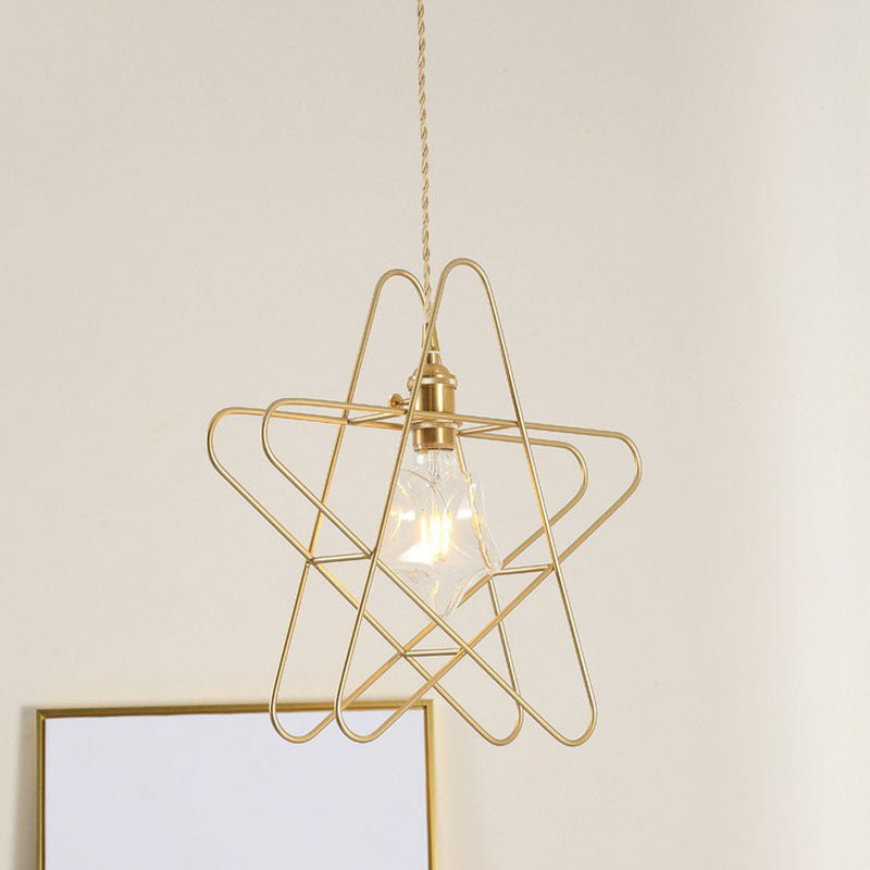 Star Frame Iron Suspension Lighting Retro Style 1 Head Restaurant Pendant Ceiling Light in Gold