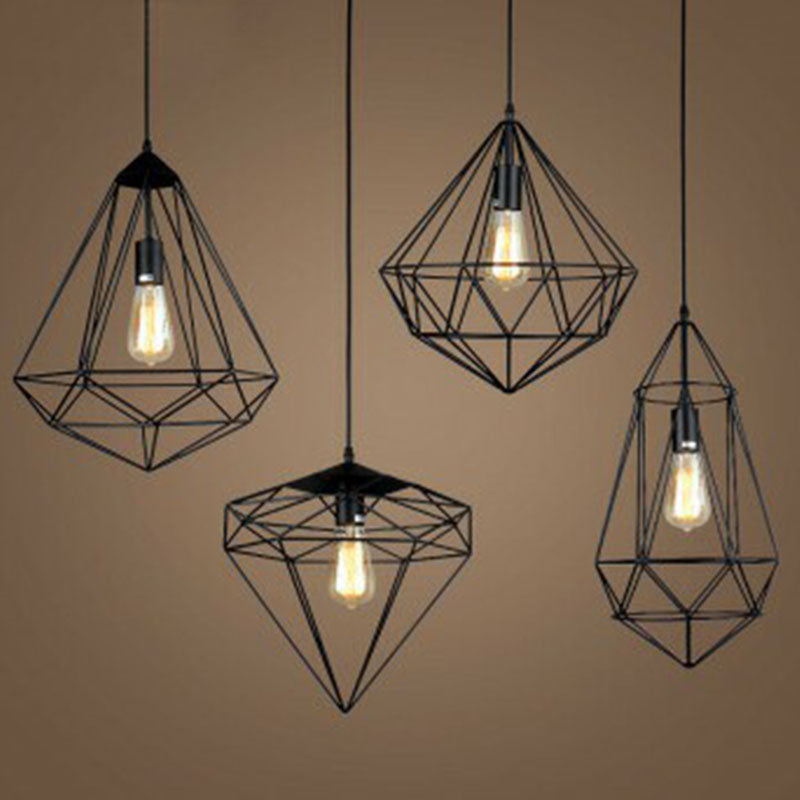 Iron edelsteen frame ophanging verlichting retro stijl 1 hoofd restaurant hanger plafondlicht in zwart
