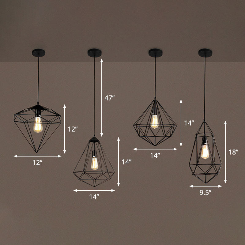 Iron Gemstone Frame Suspension Lighting Retro Style 1 Head Restaurant Pendant Ceiling Light in Black