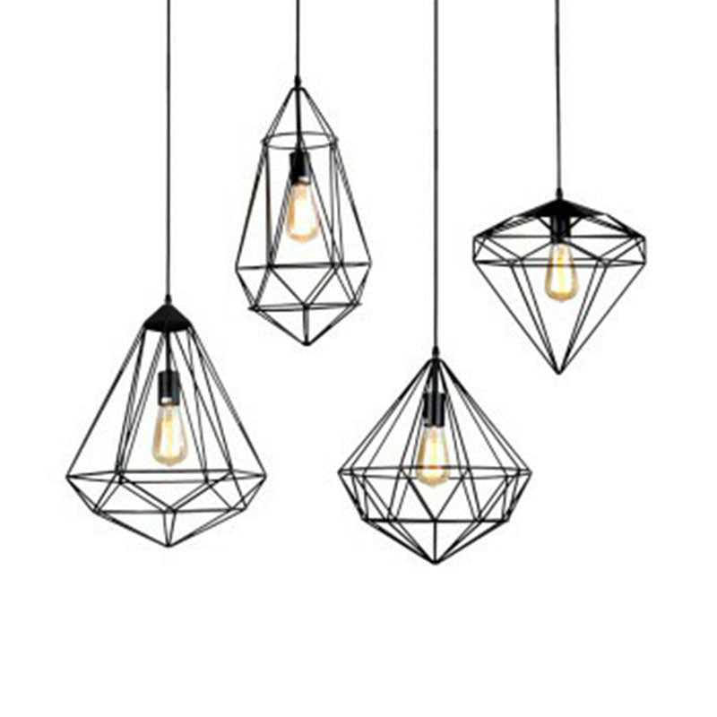 Iron edelsteen frame ophanging verlichting retro stijl 1 hoofd restaurant hanger plafondlicht in zwart
