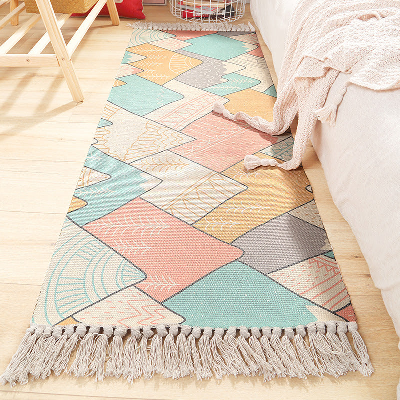 Nordic Leaf Print Rug Multi Color Synthetics Area Carpet Anti-Slip Backing Easy Care Rug with Tassel for Decoration