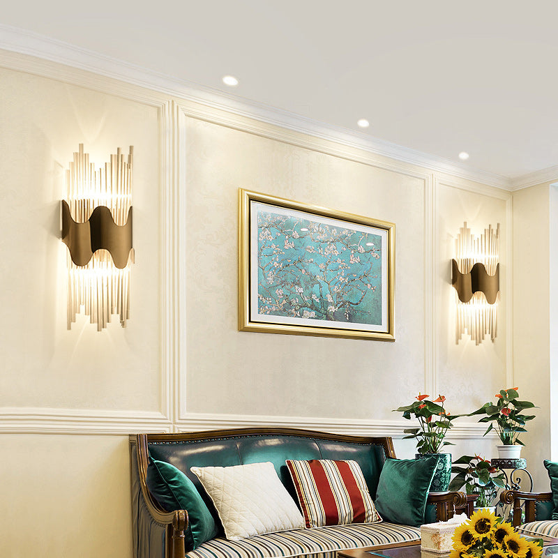 Wavy Design Wall Sconce Modernist Style Clear Crystal 2 Lights Brass Finish Wall Lighting for Bedroom