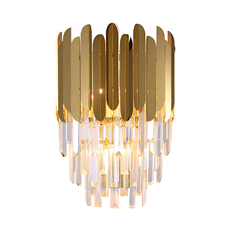 Layered Wall Light Fixture Modernist Metal 1 Light Brass Wall Lamp with Clear Crystal Block for Bedside