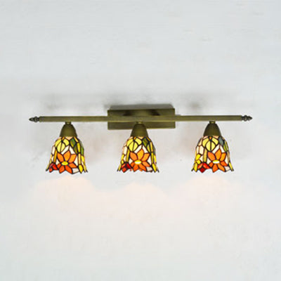 Tiffany Rustic Bell Wall Lighting Stained Glass 3 Lights Bathroom Sconce Lamp in Pink/Red/Orange/Purple