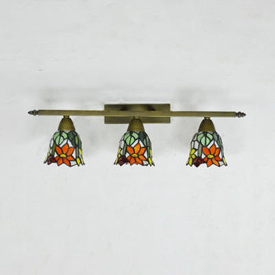 Tiffany Rustic Bell Wall Lighting Stained Glass 3 Lights Bathroom Sconce Lamp in Pink/Red/Orange/Purple