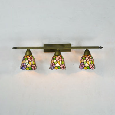 Tiffany Rustic Bell Wall Lighting Stained Glass 3 Lights Bathroom Sconce Lamp in Pink/Red/Orange/Purple