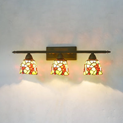 Tiffany Rustic Bell Wall Lighting Stained Glass 3 Lights Bathroom Sconce Lamp in Pink/Red/Orange/Purple