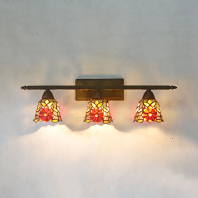 Tiffany Rustic Bell Wall Lighting Stained Glass 3 Lights Bathroom Sconce Lamp in Pink/Red/Orange/Purple