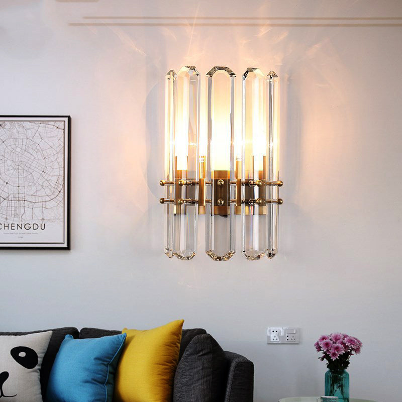 Cylinder Wall Lighting Modern Style Metal 2 Bulbs Golden Sconce Light with Clear Crystal Prism for Living Room