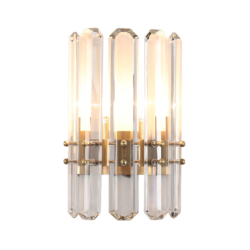 Cylinder Wall Lighting Modern Style Metal 2 Bulbs Golden Sconce Light with Clear Crystal Prism for Living Room