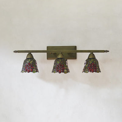Tiffany Rustic Bell Wall Lighting Stained Glass 3 Lights Bathroom Sconce Lamp in Pink/Red/Orange/Purple