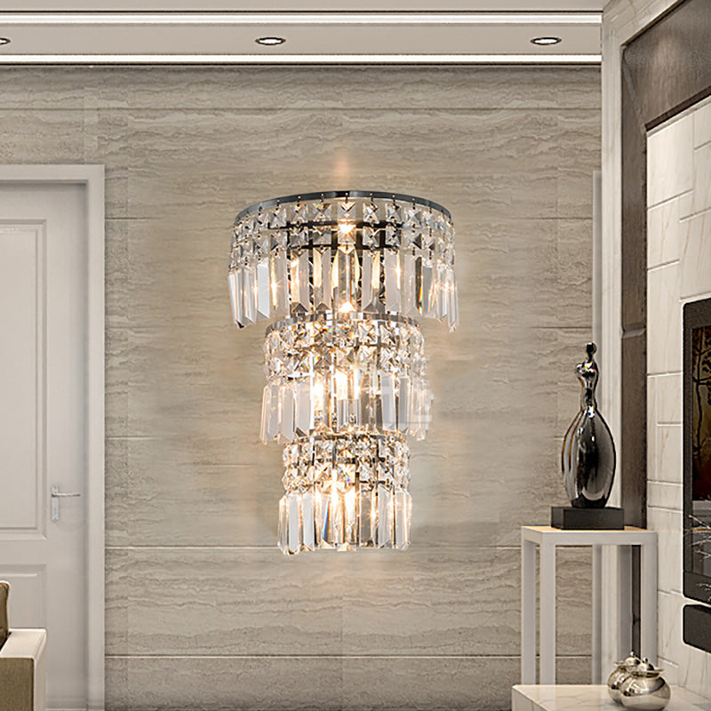 Tiered Wall Lighting Fixture Vintage Style Clear Crystal 3 Lights Chrome Finish Wall Sconce for Hallway