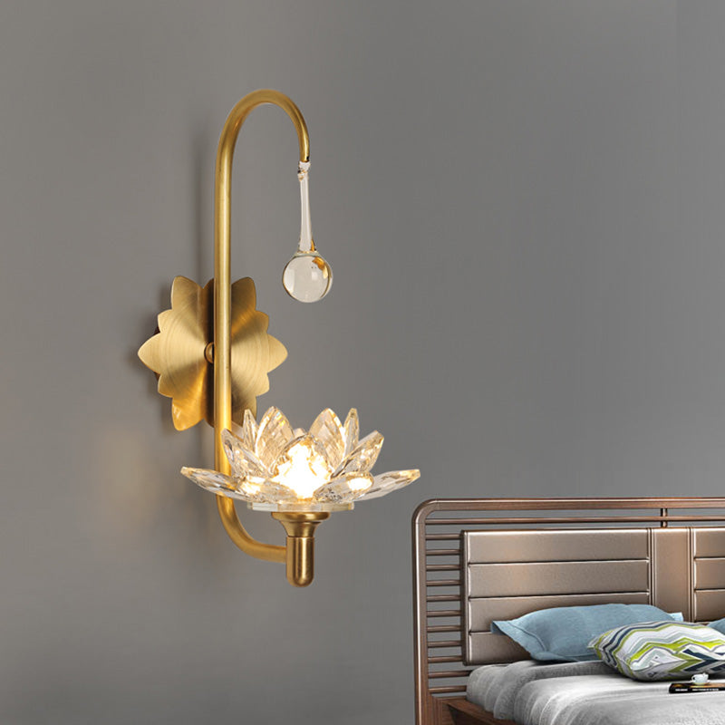 Modernist Lotus Wall Lamp Clear Crystal 1 Head Bedside Wall Light Sconce with Curved Arm in Brass