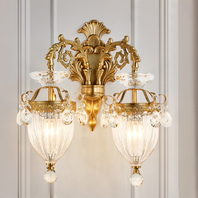 Vintage Style Urn Wall Lamp Clear Fluted Glass 1/2-Bulb Bedroom Wall Sconce Fixture with Carved Backplate in Brass