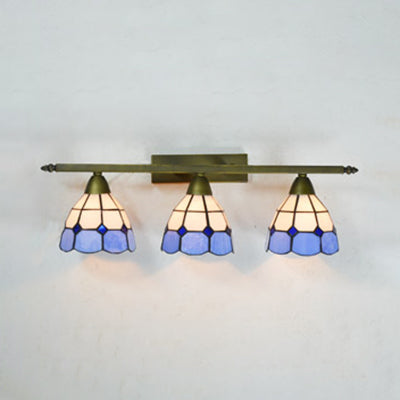 Yellow/Pink/Green/Blue Dome Wall Sconce Lamp Vintage Tiffany 3 Lights Wall Mount Light in Brass for Bathroom