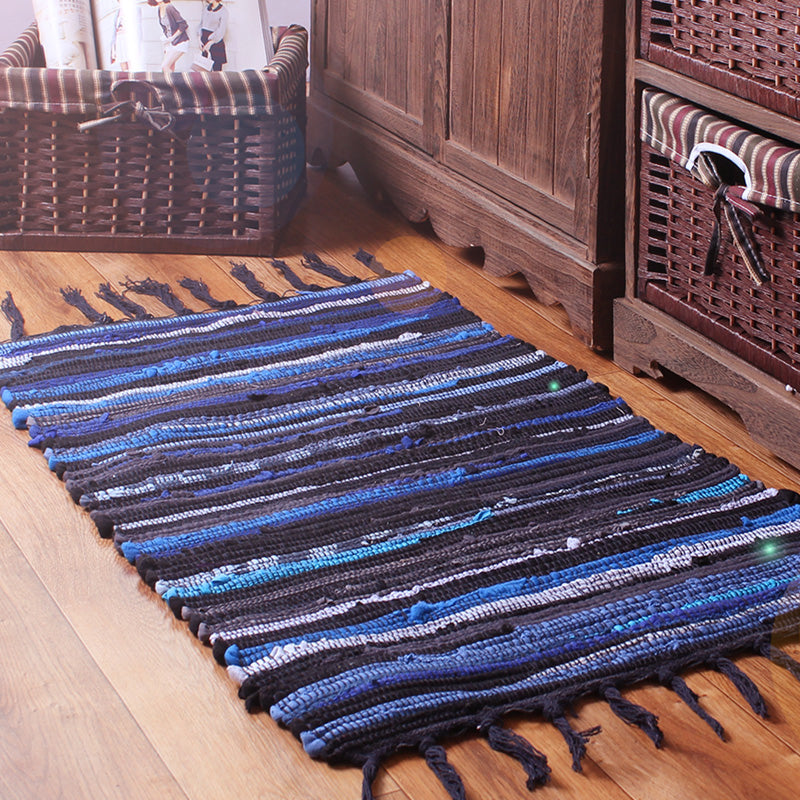 Multi-Color Bedroom Rug Bohemian Stripe Printed Carpet Cotton Pet Friendly Handspun Easy Care Rug with Tassel