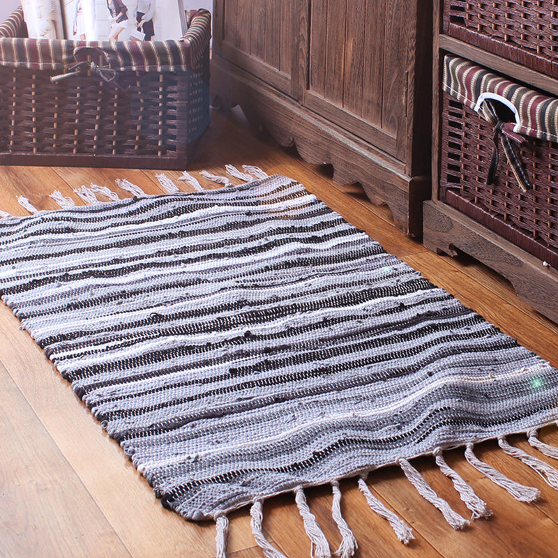 Multi-Color Bedroom Rug Bohemian Stripe Printed Carpet Cotton Pet Friendly Handspun Easy Care Rug with Tassel