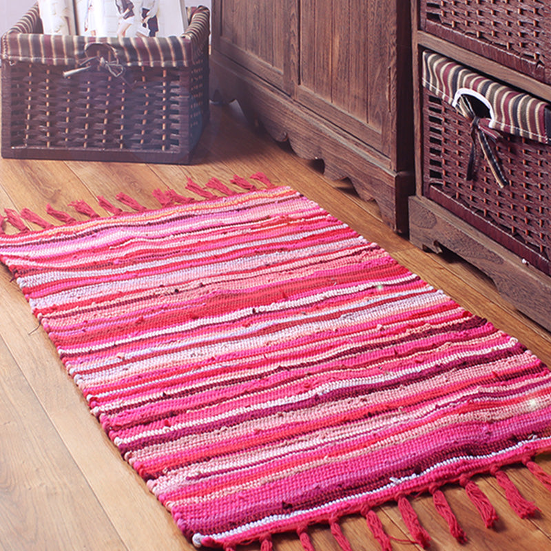 Multi-Color Bedroom Rug Bohemian Stripe Printed Carpet Cotton Pet Friendly Handspun Easy Care Rug with Tassel