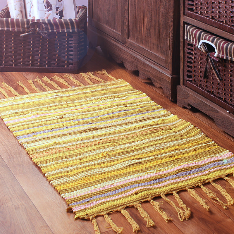 Multi-Color Bedroom Rug Bohemian Stripe Printed Carpet Cotton Pet Friendly Handspun Easy Care Rug with Tassel