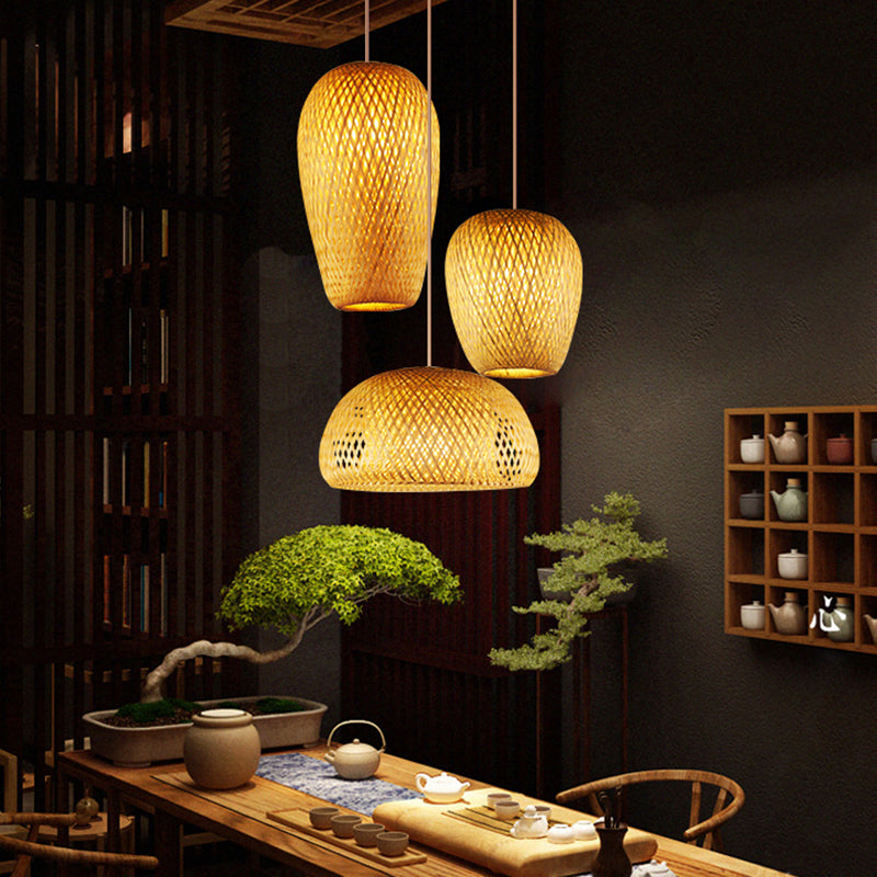 Bamboo Handcrafted Ceiling Light Asian Style 1 Bulb Wood Hanging Lamp for Restaurant