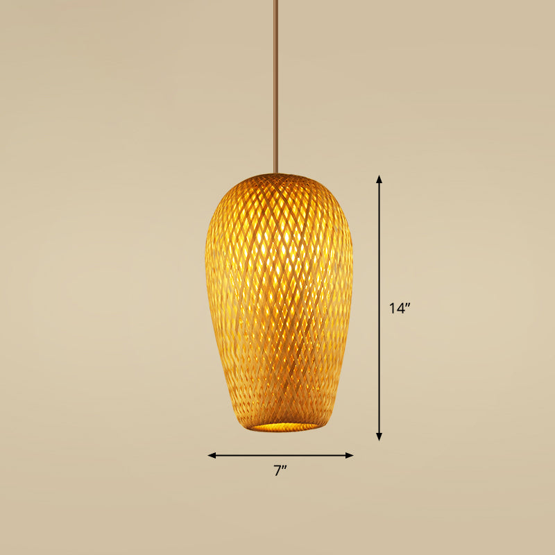 Bamboo Handcrafted Ceiling Light Asian Style 1 Bulb Wood Hanging Lamp for Restaurant