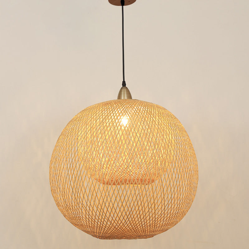 Sphere Bamboo Suspension Lighting Minimalist 1 Head Wood Pendant Ceiling Light for Tea Room
