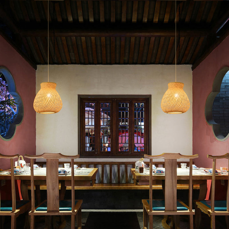 Woven Ceiling Light Modern Bamboo Single Wood Hanging Pendant Light for Restaurant