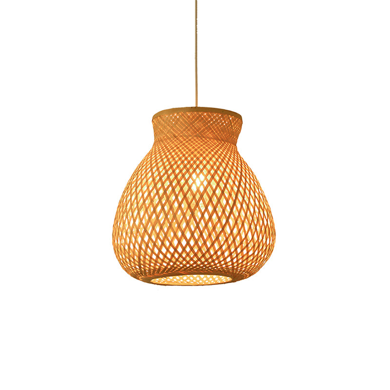 Woven Ceiling Light Modern Bamboo Single Wood Hanging Pendant Light for Restaurant
