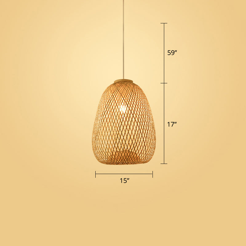 Woven Ceiling Light Modern Bamboo Single Wood Hanging Pendant Light for Restaurant