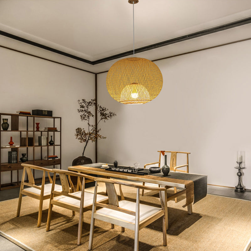 Wood Handwoven Pendant Lighting Contemporary 1 Bulb Bamboo Suspension Light Fixture