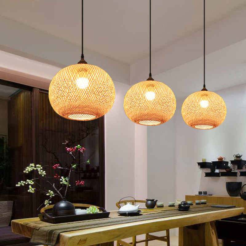 Wood Handwoven Pendant Lighting Contemporary 1 Bulb Bamboo Suspension Light Fixture