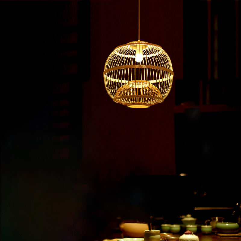 Bamboo Globe Suspension Light Simplicity 1-Light Wood Pendant Light Fixture for Restaurant
