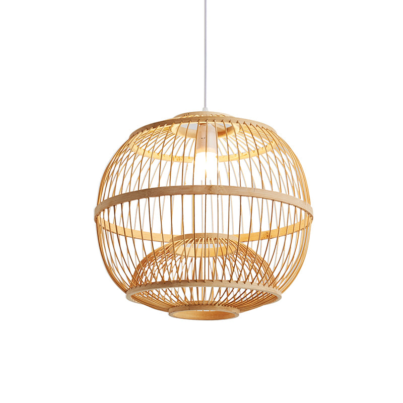 Bamboo Globe Suspension Light Simplicity 1-Light Wood Pendant Light Fixture for Restaurant