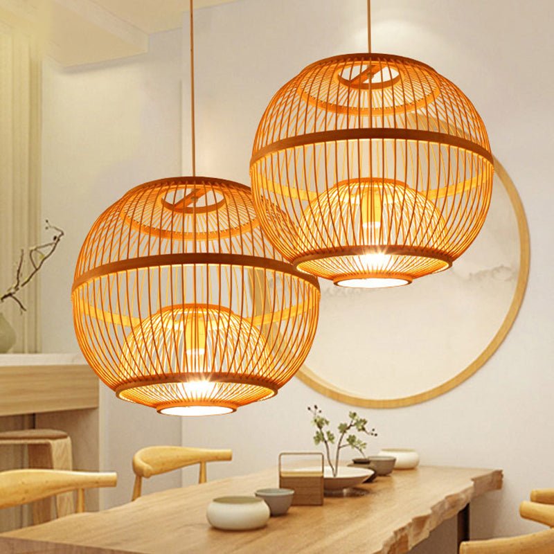 Globe Shaded Bamboo Ceiling Light Asian Style 1 Bulb Wood Hanging Lamp for Tea Room