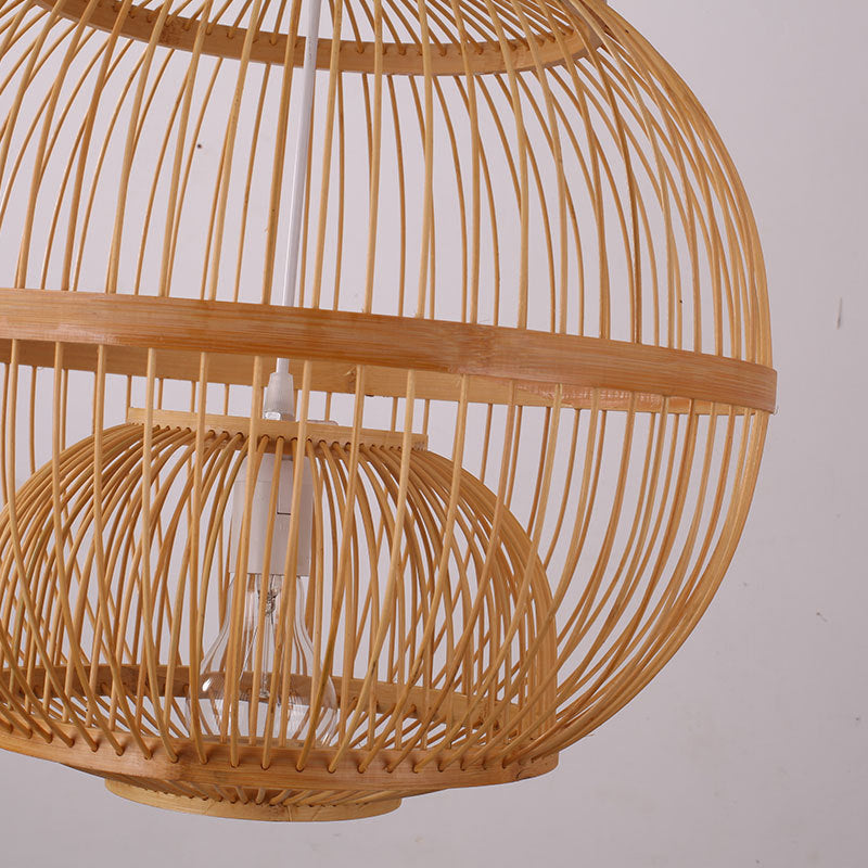 Globe Shaded Bamboo Ceiling Light Asian Style 1 Bulb Wood Hanging Lamp for Tea Room