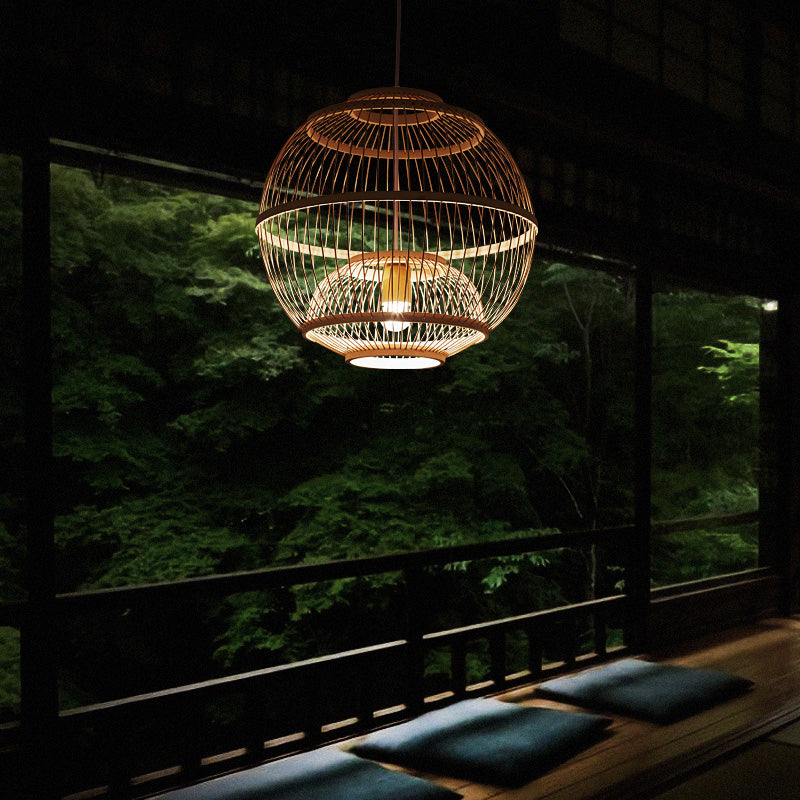 Sphere Shaded Suspension Lighting Minimalist Bamboo 1 Head Wood Pendant Ceiling Light