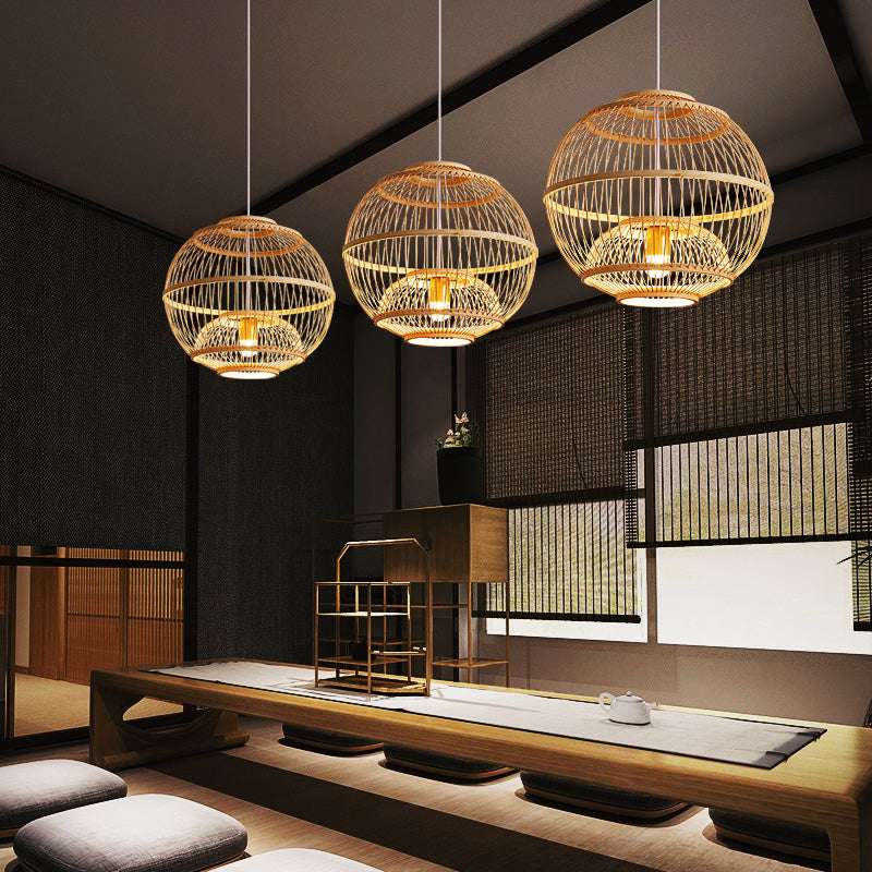 Sphere Shaded Suspension Lighting Minimalist Bamboo 1 Head Wood Pendant Ceiling Light