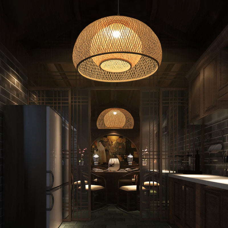 Asian Style Dome Ceiling Light Bamboo Single Tea Room Hanging Pendant Light in Wood