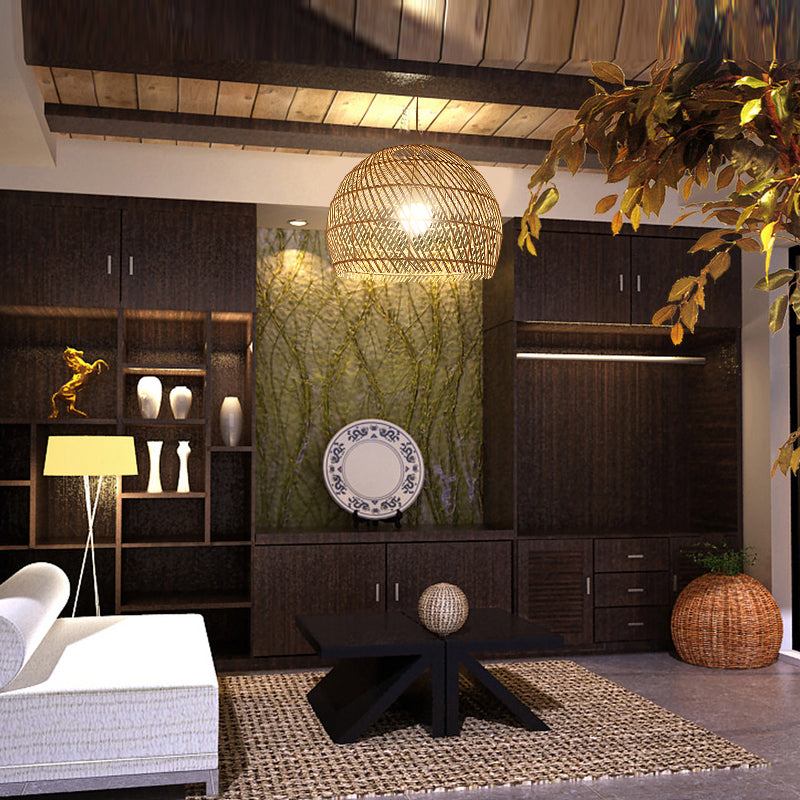 Handcrafted Rattan Suspension Light Simplicity 1-Light Wood Pendant Light Fixture for Restaurant