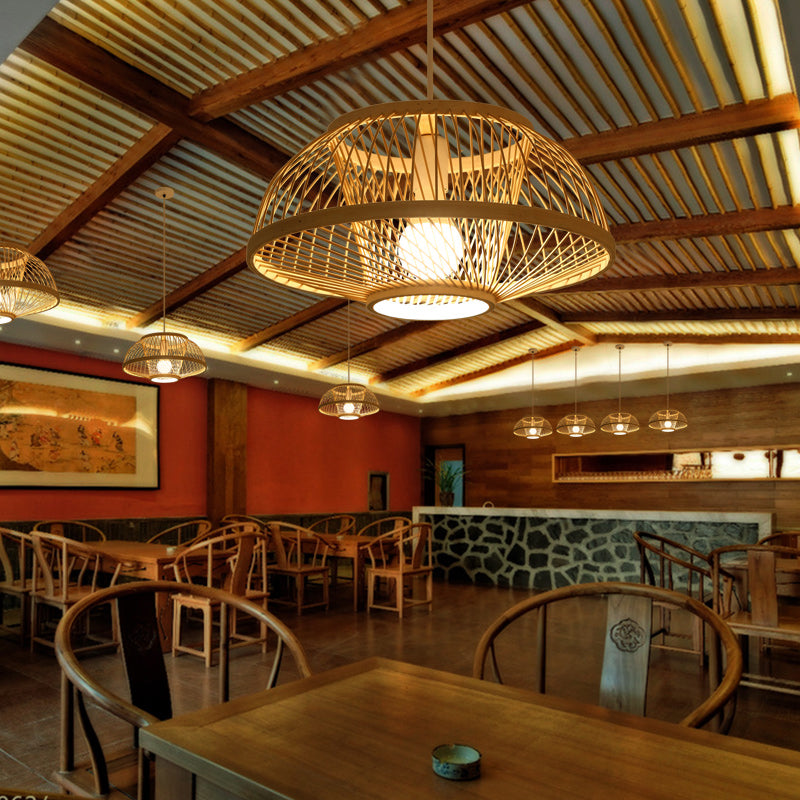 Woven Suspension Lighting Minimalist Bamboo 1 Bulb Wood Hanging Lamp for Restaurant