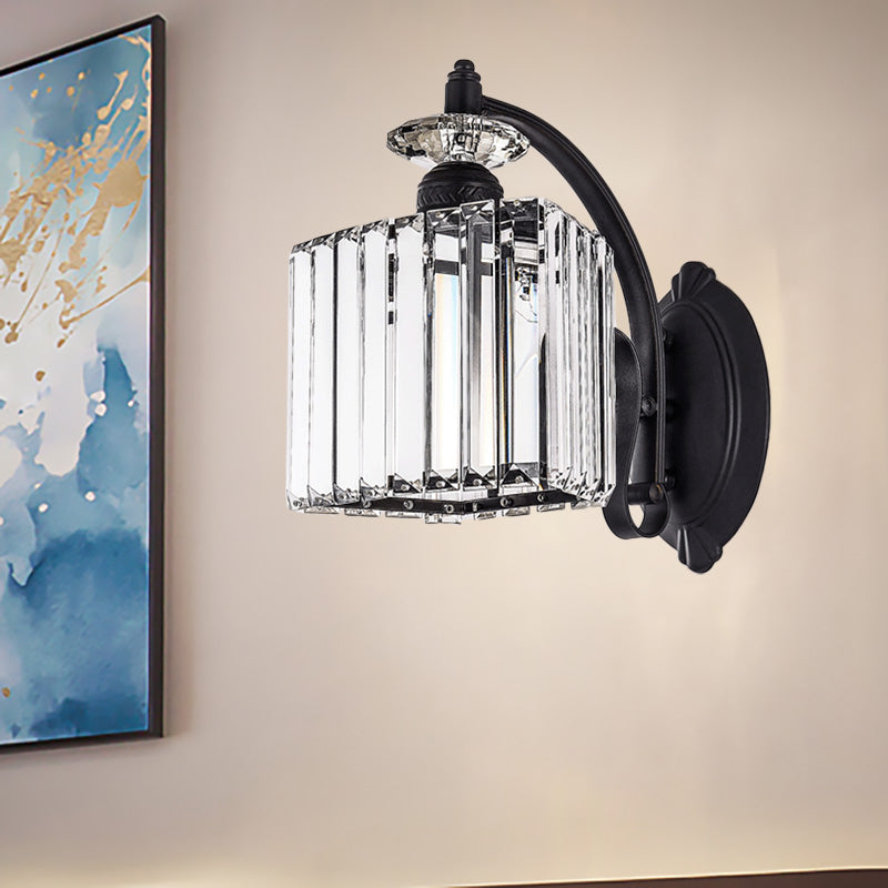 Light moderno a parete trapezoide cristallo chiaro 1 Lampada di applique a parete nera leggera con braccio curvo per soggiorno