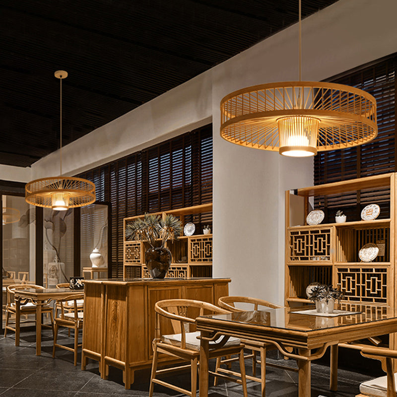 Woven Suspension Lighting Minimalist Bamboo 1 Bulb Wood Hanging Lamp for Restaurant